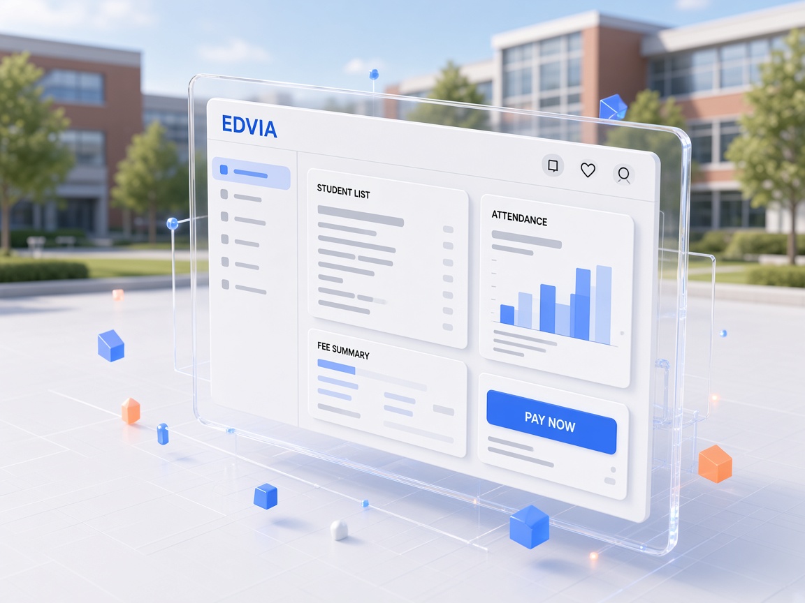 EDVIA dashboard showing students, attendance, and fees in one workspace